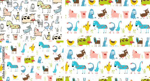 Fototapeta Naklejka Na Ścianę i Meble -  Farm domestic animals seamless pattern wallpaper. Hand drawn outline cow, rooster, goat, pig and goose in the field. Funny simple animals for kids. Vector hand drawn illustration.
