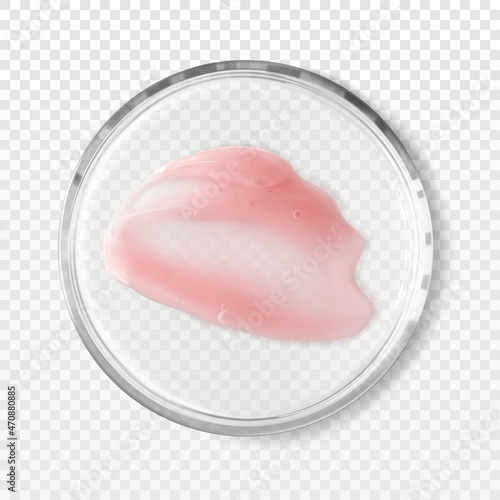 Transparent petri dish with pink shower gel smear isolated realistic vector illustration