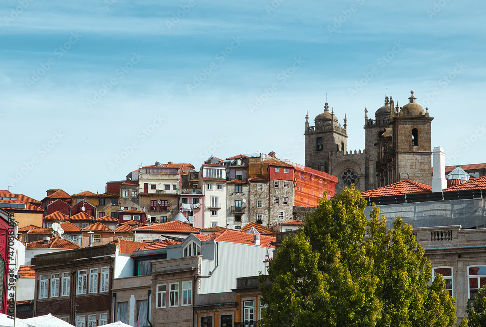 Aerial view of Oporto dominated by cathedral, Portugal.