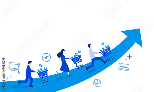 カートを持って走る人々と上昇する矢印、商品が売れるイメージイラスト、コピースペース