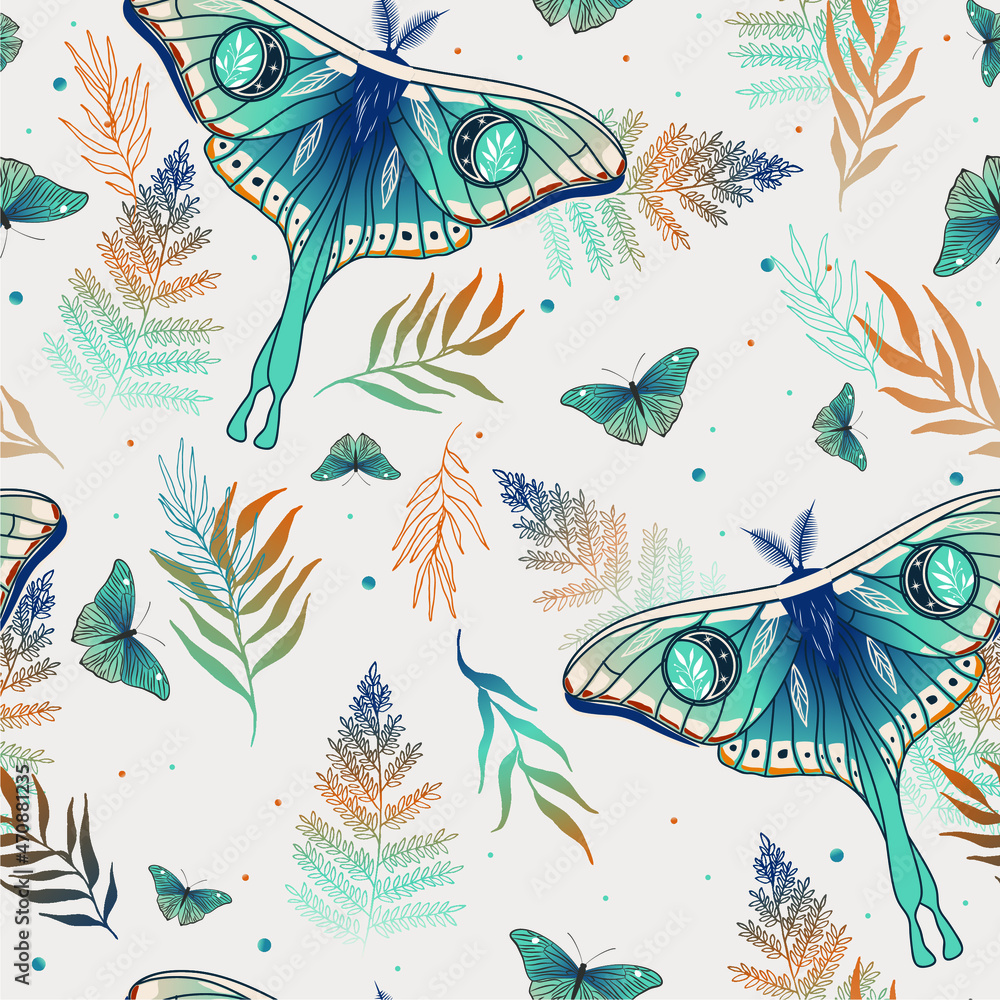Elegant celestial seamless pattern with butterflies. Boho magic background with butterflies, herbs. Design for card, fabric, print, greeting, cloth, poster, clothes, textile.