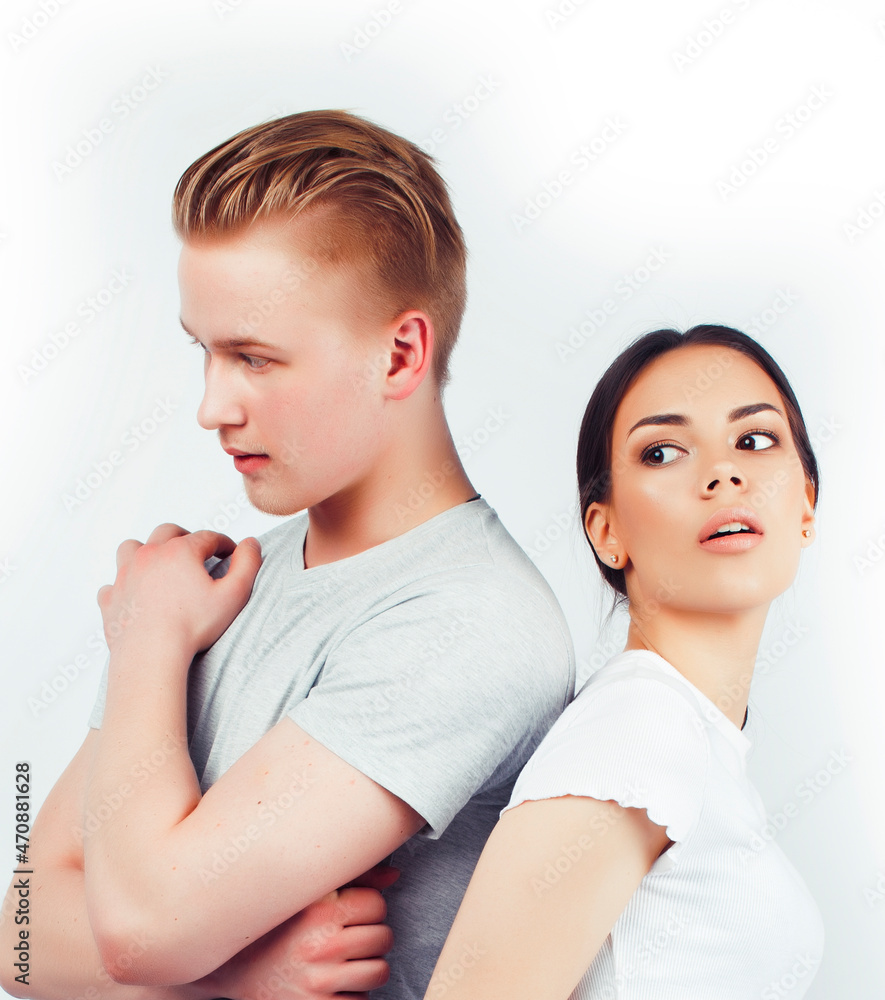 modern hipster guys together couple diverse nations, asian girl and caucasian blond boy isolated on white background, lifestyle people concept modern hipster guys together couple diverse nations, asian girl and caucasian blond boy isolated on white background, lifestyle people concept