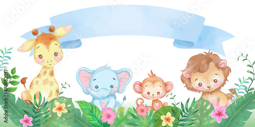 Jungle animals frame with ribbon. cute vector illustration for kids.