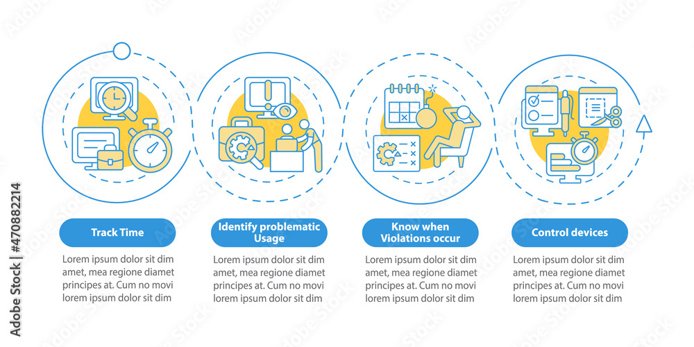 Benefits of employee monitoring vector infographic template. Work presentation outline design elements. Data visualization with 4 steps. Process timeline info chart. Workflow layout with line icons Benefits of employee monitoring vector infographic template. Work presentation outline design elements. Data visualization with 4 steps. Process timeline info chart. Workflow layout with line icons