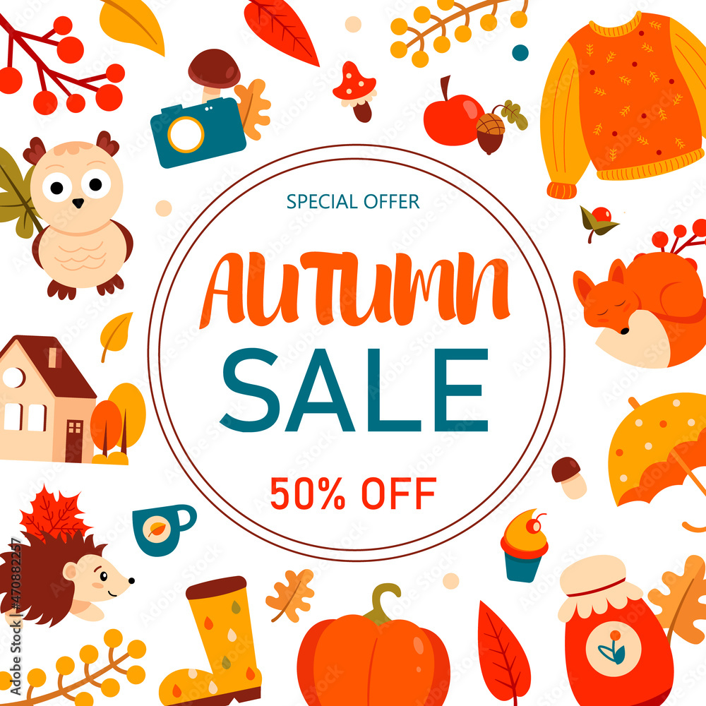Autumn sale background with many elements: wild animals, harvest, shoes, house, sweater, cake and more. Vector illustration.