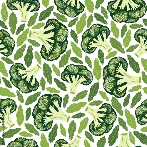 Vector repeating texture with stylized broccoli and leaves. Abstract seamless pattern. Vegetable print for cards, backdrops, posters, t-shirts, sweatshirt.