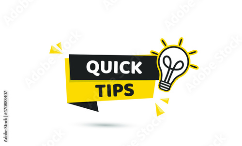 Quick tips advice yellow banner with lightbulb on white background. Vector design