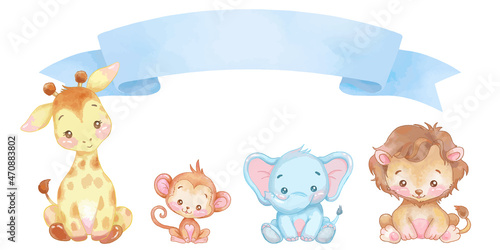 Watercolor cute baby animals with ribbon. vector design for kids. lion, giraffe, elephant, monkey cartoon.