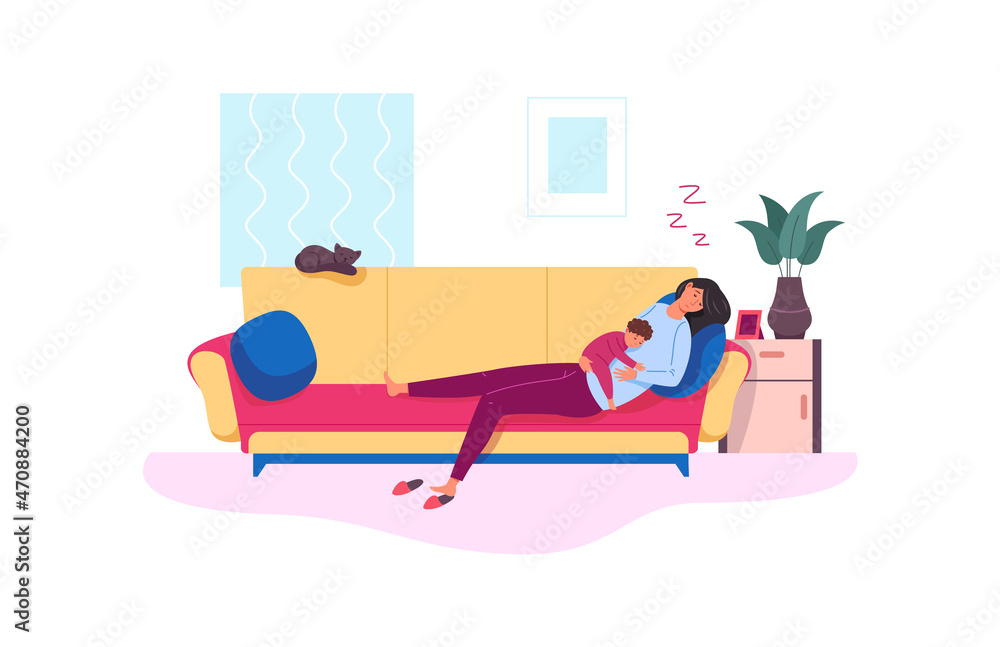 Obraz premium Exhausted mom. Parental stress, tired mother sleep with baby in sofa,vector illustration