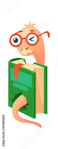 Fun bookworm. Cartoon pink worm or caterpillar gnaws and eats book, vector