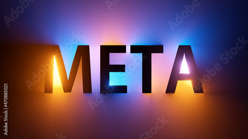 Photos 3d render, meta word silhouette glowing with colorful neon light, abstract desig