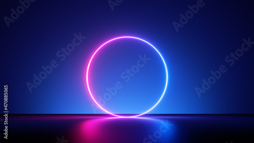 3d render, abstract neon background with fluorescent ring, blank round frame. Simple geometric shape. Laser line glowing with pink blue light