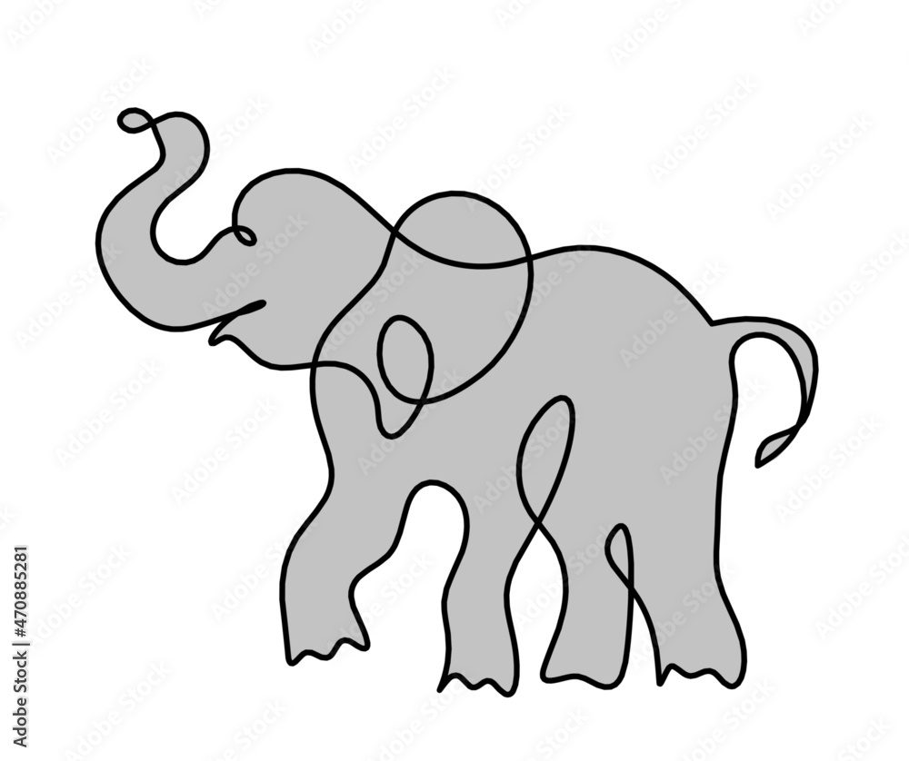 Silhouette of abstract color elephant as line drawing on white. Vector