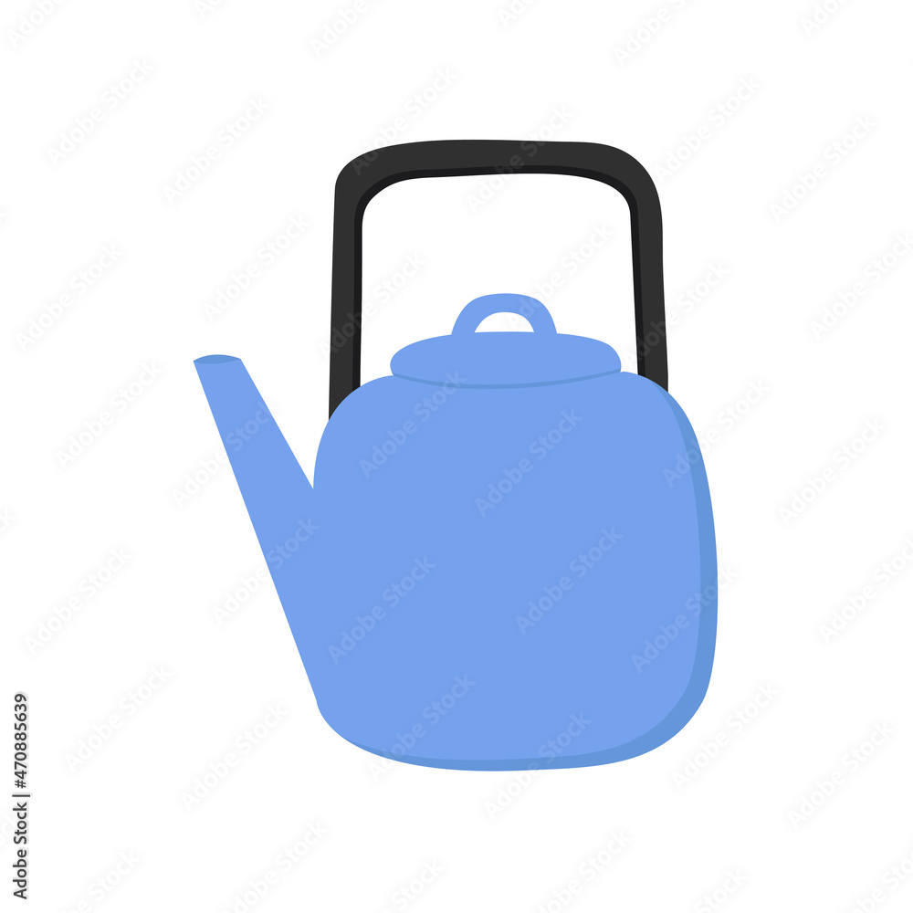 Metallic blue kettle. Kitchen utensil. Doodle flat style. Metallic blue kettle. Kitchen utensil. Doodle flat style.