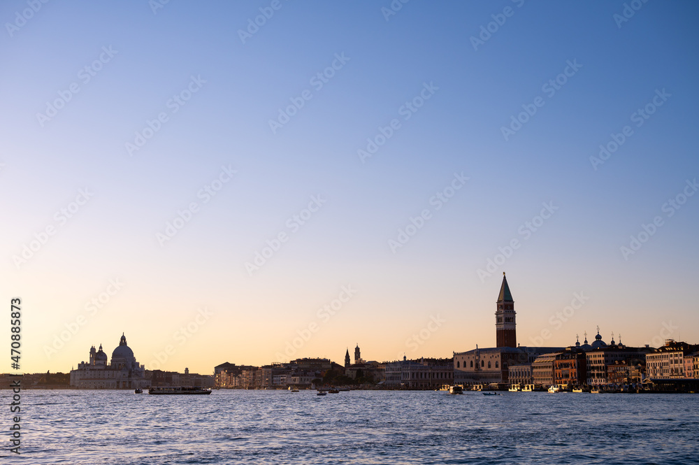 Campanile and Doge palace in Venice on a sunny evening in winter