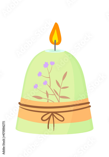 Green candle with flower. Doodle tealight for cozy house, vector illustration