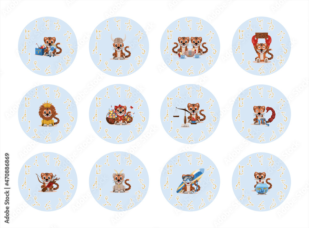 Big vector set of 12 zodiac signs, a baby tiger in the form of aries, Taurus, gemini, cancer, leo, virgo, Libra, scorpio, Sagittarius, Capricorn, Aquarius and pisces. Cartoon eastern horoscope. The Big vector set of 12 zodiac signs, a baby tiger in the form of aries, Taurus, gemini, cancer, leo, virgo, Libra, scorpio, Sagittarius, Capricorn, Aquarius and pisces. Cartoon eastern horoscope. The
