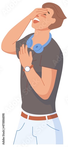 Guy with headphones laughs. Giggle people, stand adult man laughing, cartoon funny character, loud joke, person laughter lol, vector illustration