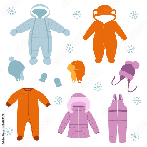 Set of colorful baby winter clothes. Winter coat, overalls, snow suit, jumpsuit, hats and mittens. Doodle style. 