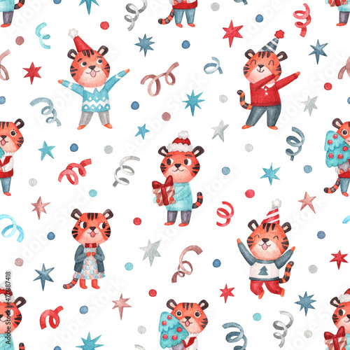 Fototapeta Naklejka Na Ścianę i Meble -  Christmas seamless pattern with joyful tigers characters and confetti, stars. Watercolor hand painted illustration. Winter holiday print for packaging, wrapping paper, textile, home decor