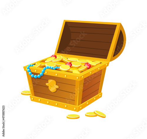 Hope chest. Open treasures case with bullion and medieval cash cartoon vector