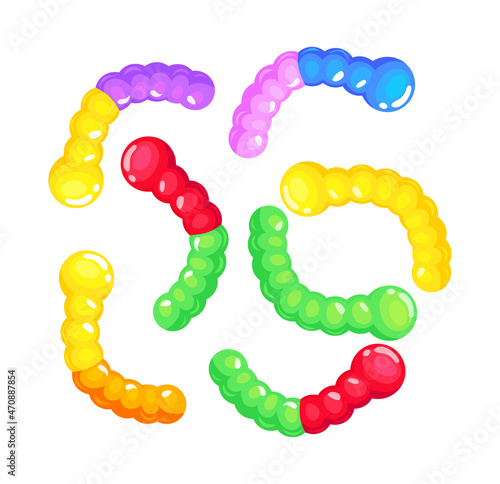 Jelly worms. Set cartoon Gummy candies, marmalade colorful sweets for kids, sugar food, flat icons abstract vector