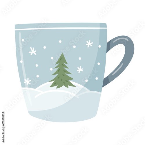 A blue mug with a winter landscape, snowdrifts and a Christmas tree. A hand-drawn flat cup with a hot drink. The design element is isolated on a white background. Color vector illustration.