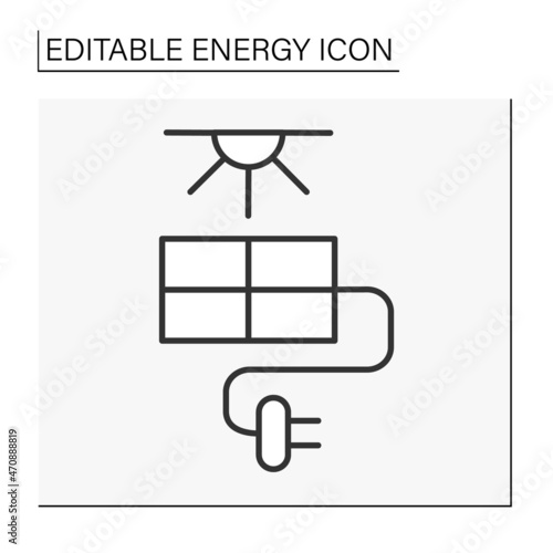  Solar energy line icon. Conversion of power from sunlight into electricity. Solar battery. Renewable energy concept. Isolated vector illustration. Editable stroke
