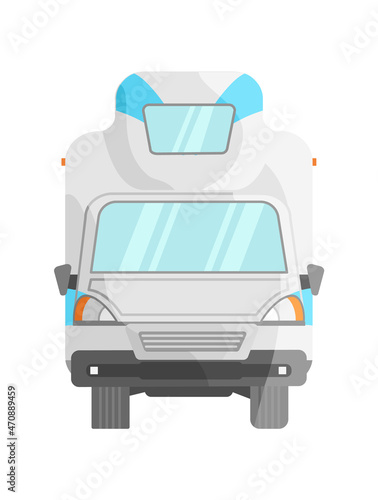 Motorhome view front. Vehicl traveling trucks, mockup branding vector illustration