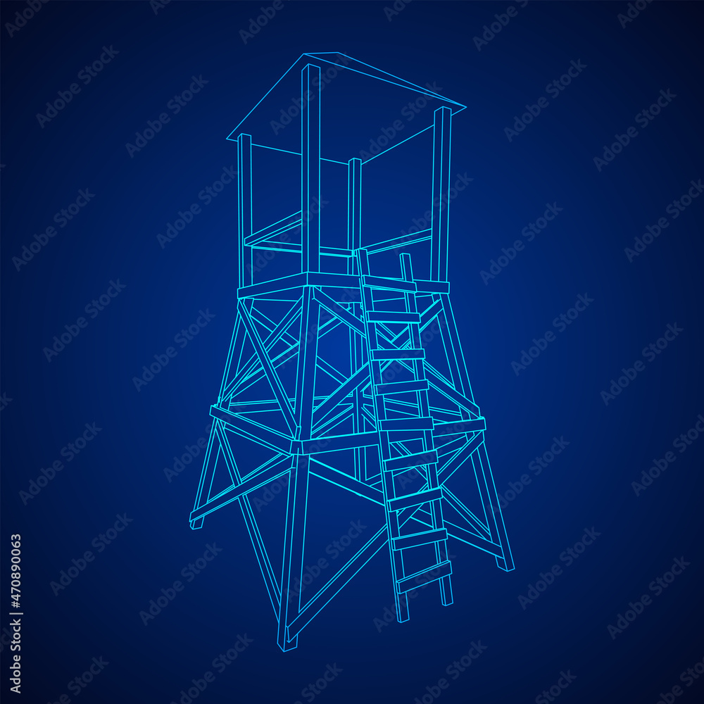 Watchtower or observation tower for hunters. Wireframe low poly mesh vector illustration. Watchtower or observation tower for hunters. Wireframe low poly mesh vector illustration.