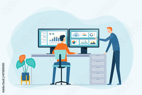 Flat vector design business marketing Data analysis concept with people team working on monitor graph report dashboard and business finance investment in stock market concept