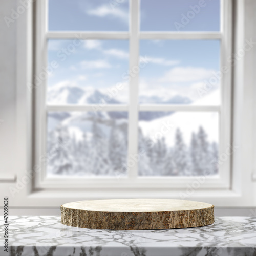 White desk of free space and winter window background. 