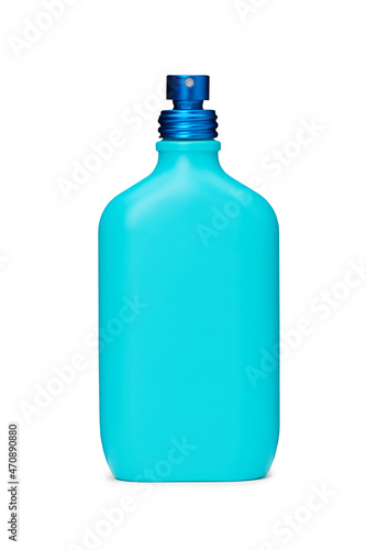 Blue perfume bottle on white background packshoot