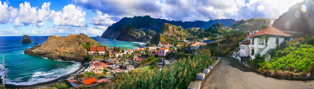 Picturesque idyllic coastal villages of Madeira island. Porto da Cruz panoramic view