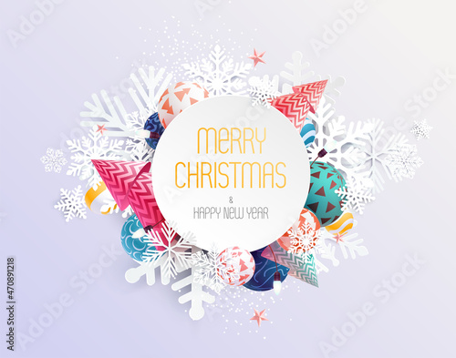 Christmas greeting card with snowflakes balls and festive tree.