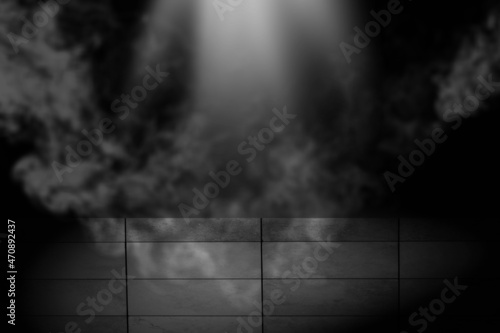 Studio dark room concrete floor grunge texture background with lighting and fog or mist
