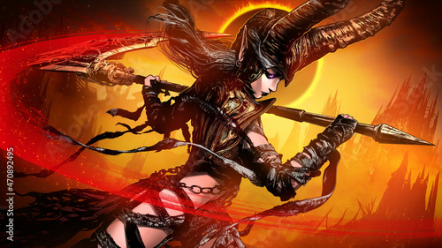 Fotografi Beautiful demoness Maleficent with huge horns in plate armor, rushes into battle with a scythe, she makes a wave leaving a bloody splash, on the yellow background of the demonic city