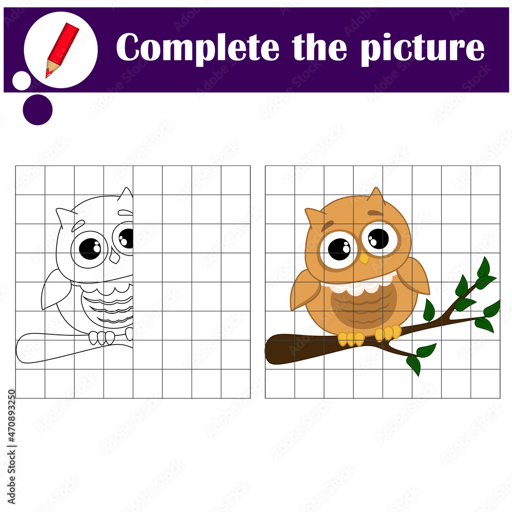 Obraz premium Copy the grid game, complete the educational game for kids. Printable kids activity sheet with cute owl. Learning to draw symmetry