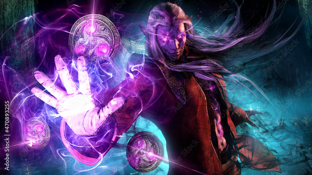 A sinister dark elf in a red jacket with long white hair, smitten with black filth, smokes with dark purple magic. He dynamically stretched out his hand forward casting a dark curse . 3d - obrazy, fototapety, plakaty 