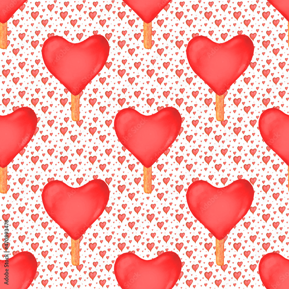 Seamless pattern with watercolor red hearts ice creams Seamless pattern with watercolor red hearts ice creams