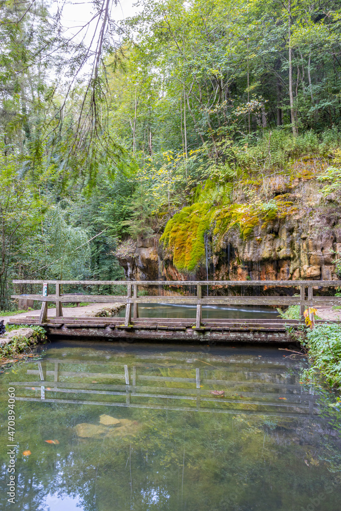 Wooden bridge over a spring with crystalline calcareous water, mossy sandstone rock formation with a waterfall in the background, Kallektuffquell travertine source, Mullerthal Trail, Luxembourg Wooden bridge over a spring with crystalline calcareous water, mossy sandstone rock formation with a waterfall in the background, Kallektuffquell travertine source, Mullerthal Trail, Luxembourg