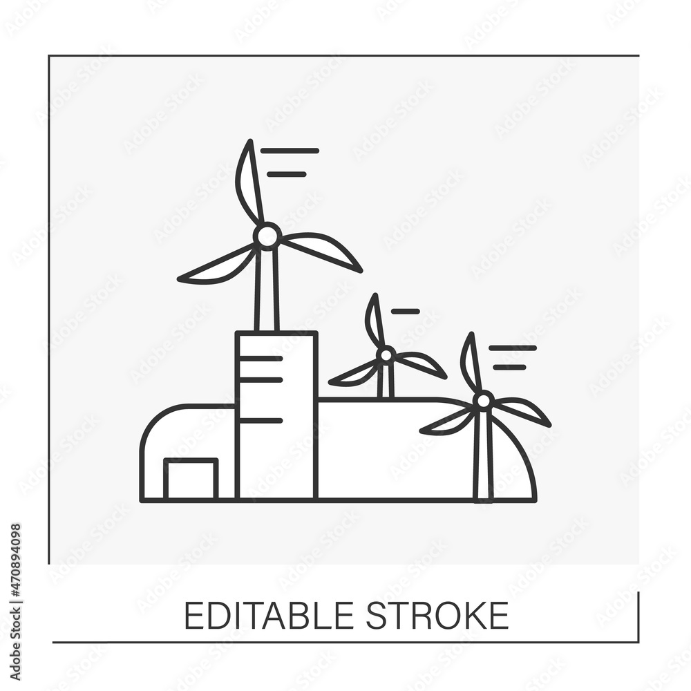  Eco awareness line icon. Renewable energy. Conversion of power from wind into electricity. Windmills. Green city concept Isolated vector illustration. Editable stroke