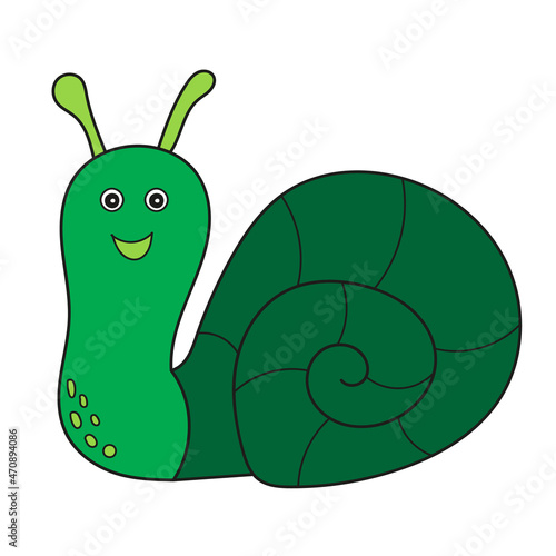 Simple cartoon icon. Cute green smiling snail on white background. Concept of stickers of cute and funny insects and garden animals for children.