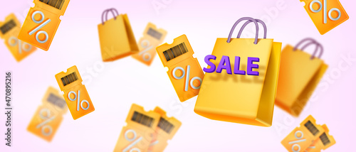 3D discount coupon banner, vector special offer flying voucher, shopping bag, online sale background. Event ticket bonus concept, customer loyalty special program, yellow pass. 3D coupon illustration