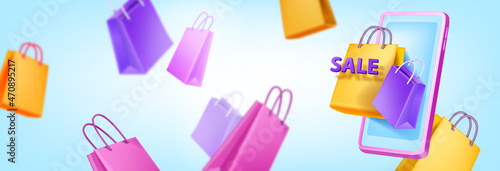 Flying 3D shopping bag banner, vector fashion sale discount background, smartphone screen, paper package. Online digital purchase, e-commerce promotion store illustration. 3D bag market concept