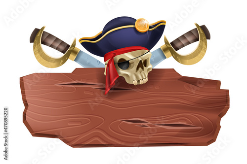 Pirate wooden sign board, vector corsair party vintage banner, captain hat, skull, saber blade on white. Game UI timber frame panel, old texture menu tablet, announcement shield. Pirate sign badge