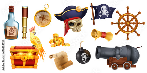 Pirate cartoon object set, vector game corsair icon kit, golden treasure chest, rum bottle, iron cannon. Sea adventure element collection, holly roger flag, golden compass, bomb. Pirate object emblem