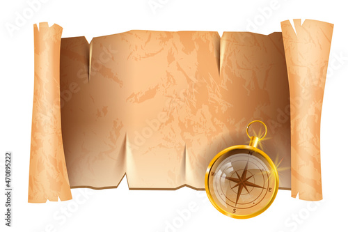 Old parchment paper scroll, vector pirate map roll, golden compass illustration, ancient texture background. Antique blank manuscript frame, game UI banner isolated on white. Parchment paper icon