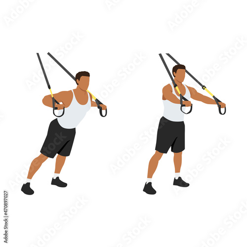 Man doing TRX Suspension straps chest press exercise. Flat vector illustration isolated on white background