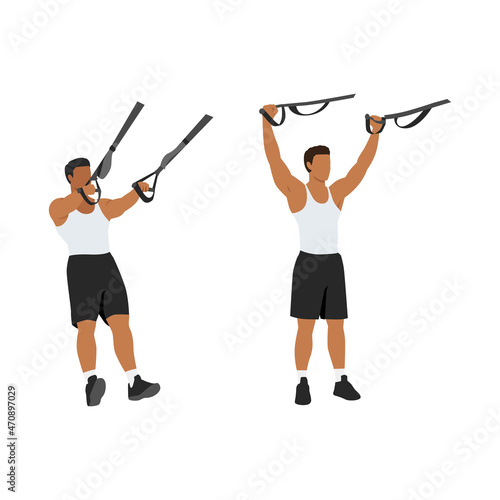 Man doing TRX Suspension straps deltoid Flyes exercise. Flat vector illustration isolated on white background